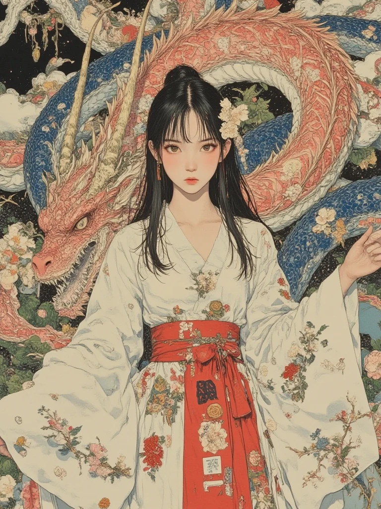 A long-haired girl dressed in red and gold has her head bitten by a dragon, surrounded by traditional symbols such as lanterns, couplets and gold ingots. Standing in front of the background, the color scheme is bright and vivid, but also a little eerie.