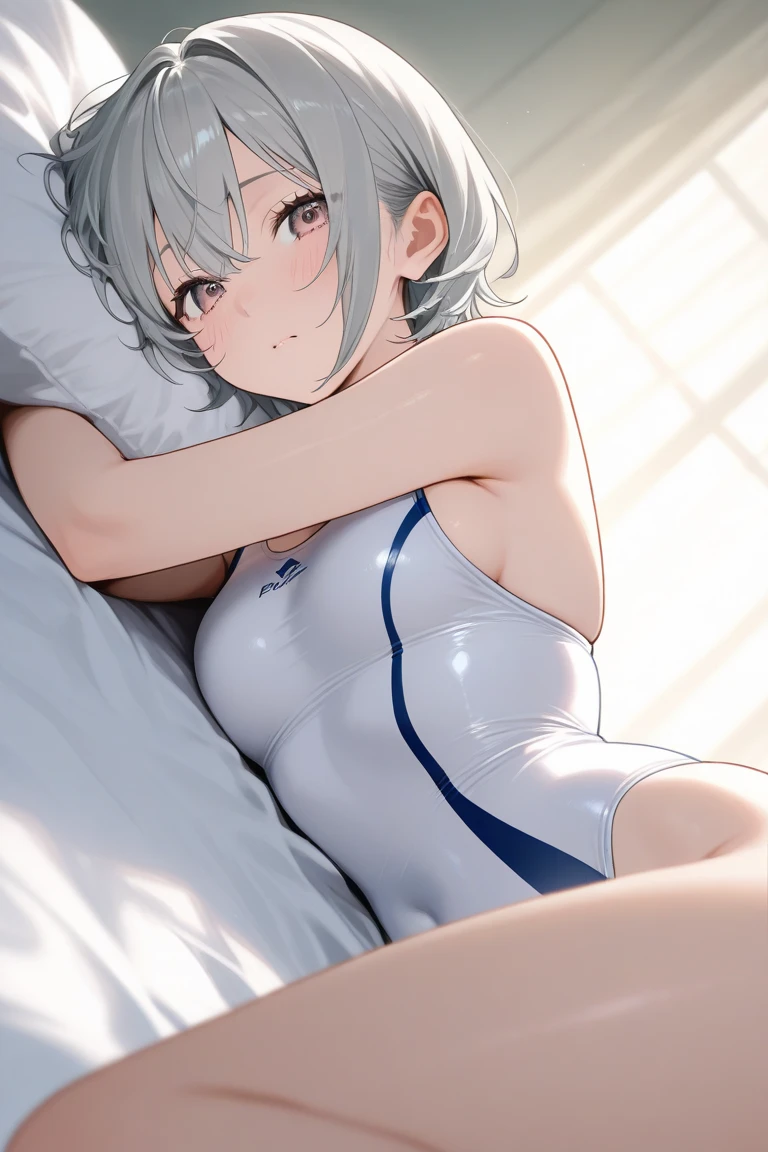 (((((whole body)))))、Youmu,Navy blue one-piece school swimsuit 、smile,、Cowboy Shot、Sitting on a futon、With legs apart、