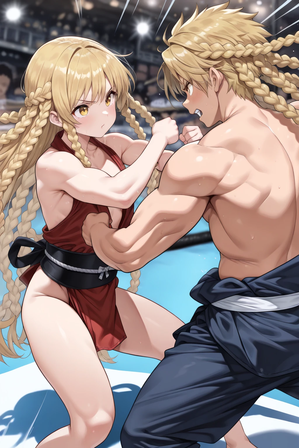 (((masterpiece))),(((best quality))),(ultra-detailed,high resolution:1.2),(illustration),((an extremely delicate and beautiful)),(detailed background), (((suspended congress))), ((face to face, hug, sex)), toes, standing, (((wrestling ring)))), ((1petit girl)and(1boy)), (height difference),hetero, ((((1petit girl,short stature)))), ten years old, (slender body:1.4), (long hair, french braid),straight hair, blonde hair, light blue eyes, ((((flat chest)))), covered navel, collarbone, pale skin,shiny skin,((She wears one piece swimsuit,frilly swimsuit, hair ribbon)), ((((panicking)))), (wavy mouth), open mouth, (trembling), (cum on clothes:1.4),cum on body,excessive cum,cum facial,bukkake,cum on hair,cum in pussy, clothing aside, clothed, (1boy, tall stature:1.4), muscular, small penis, ((((he has hair)))), he looks ahegao, text,