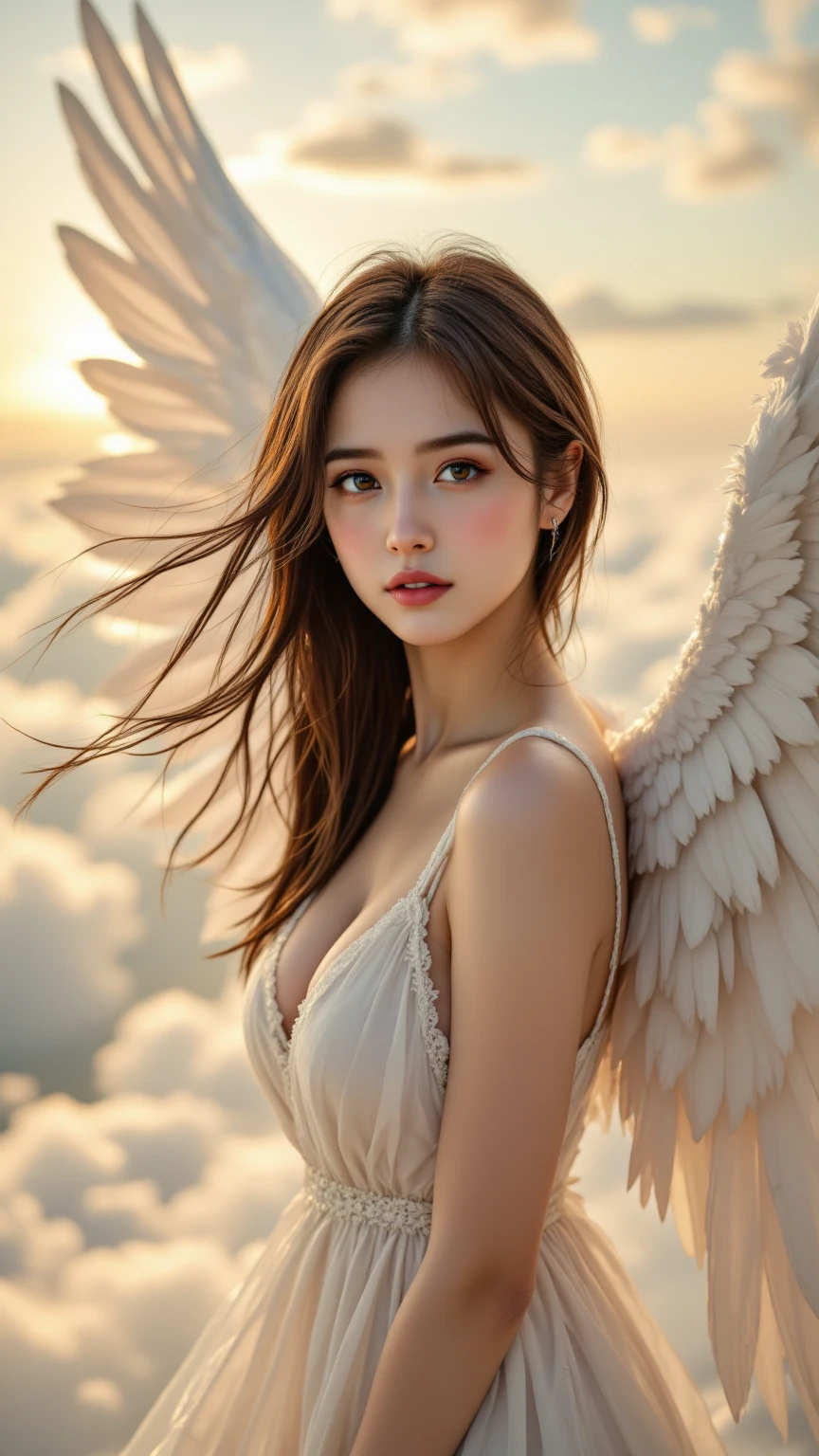 spelling the magic, wearing something like cosplay outfit, impossible fantasy scene, have the wings on back, flying over the sea, holding a mage spear, emitting big storm from the mage spear, all around area is lighted, detailed face, long white hair, long white hair, hair is shaggy and dishevelled by the wind, beautiful white-colored translucent skin, slendar figure, skiny chest , heavy-makeup, small nose, smooth shaped jawline, glossy face, flushed cheeks, a little sweating, detailed eyes, detailed lips, beautiful long eyelashes, photorealistic, highly detailed, 8k, best quality, masterpiece, vibrant colors, dramatic lighting, cinematic composition, digital art
