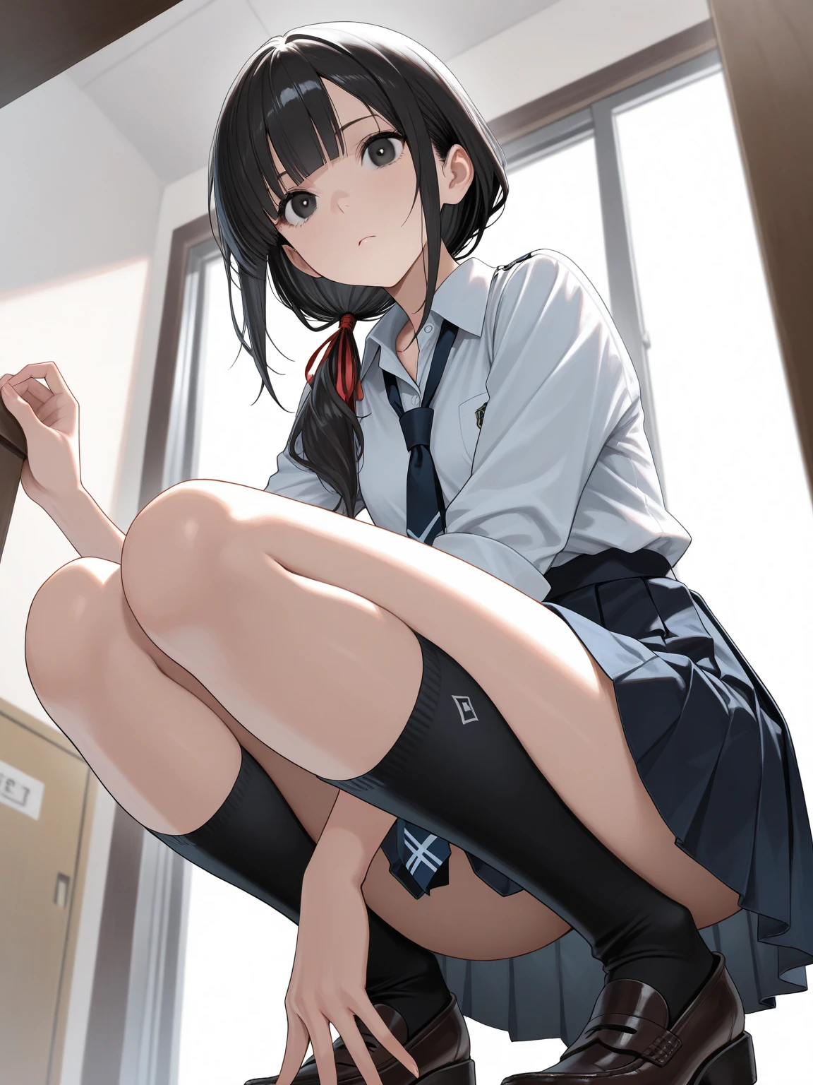 (Tabletop, high quality)
Browsing Caution, Girl crouching at school desk, return, teeth, Kneel, From below, Close up ass destruction girl in uniform, Seraphim, White shirt, Black Skirt, Black medium hair, Shiny Hair, Shiny skin, Striped panties, String,
Breaking the background, Shabby room