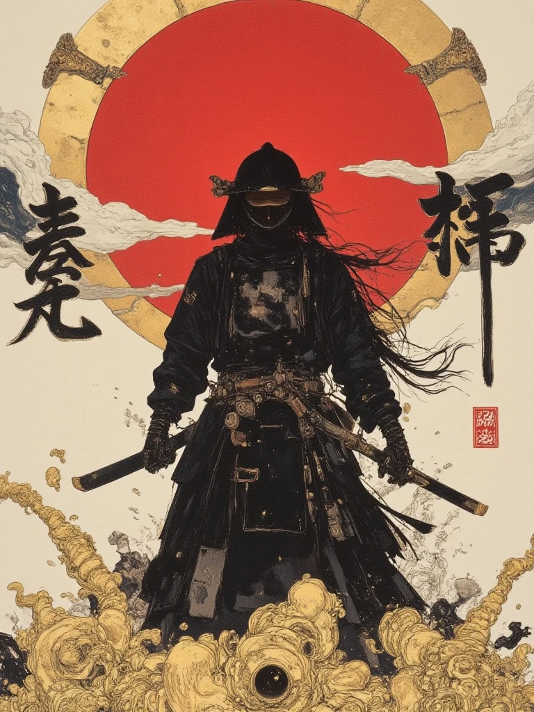 japanese line art    , a samurai( tied up  to a wooden steak with several arrows stuck in him,:1.2) lower body missing visible skeletal structure , ripped rags, rope and bloody ground, black skies and large moon , floral damask background ,  in the style of  takato yamamoto    , 