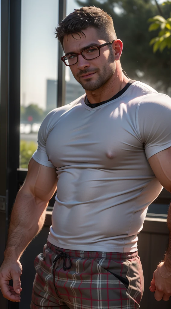 Masterpiece, denoise, void noise, one man, best quality, 8k resolution, male focus, focus only, amazing composition, volumetric lighting, super quality, elegant, Very detailed, front view, -----------, 35 years old, mature face, muscular, (((Caucasian white man))), (((white skin)), ((pale skin))), very handsome, (detailed light-blue eyes), ((dark brown hair)), big ears, (hairy), (scruffy beard), ((big pink nipples)), ((perky nipples)) ------------, (((black shorts))), (((pulled up mesh tank top))), (((laid down on bed resting))), (((dark room)))