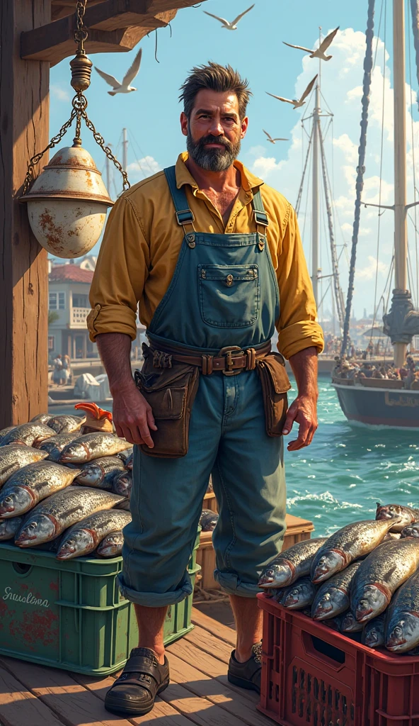 30 year old man, handsome, friendly looking, wide face, tanned, big blue eyes, sandy hair, smiling with teeth, muscular, wearing tatty woolen jumper over yellow fisherman's overalls, standing on deck of large fishing boat, holding net, large waves, gulls, sunny, fluffy white clouds