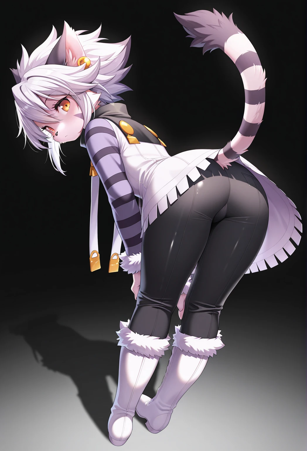 By bebebebebe, by spuydjeks, by buta99, by rossali (((((solo)))))), furry girl with ((black and white fur)), furry cat, wearing a black hoodie, ((wearing black shorts)), ((curvy)), (showing off butt, gold eyes, beautiful eyes, white background, long cat tail,