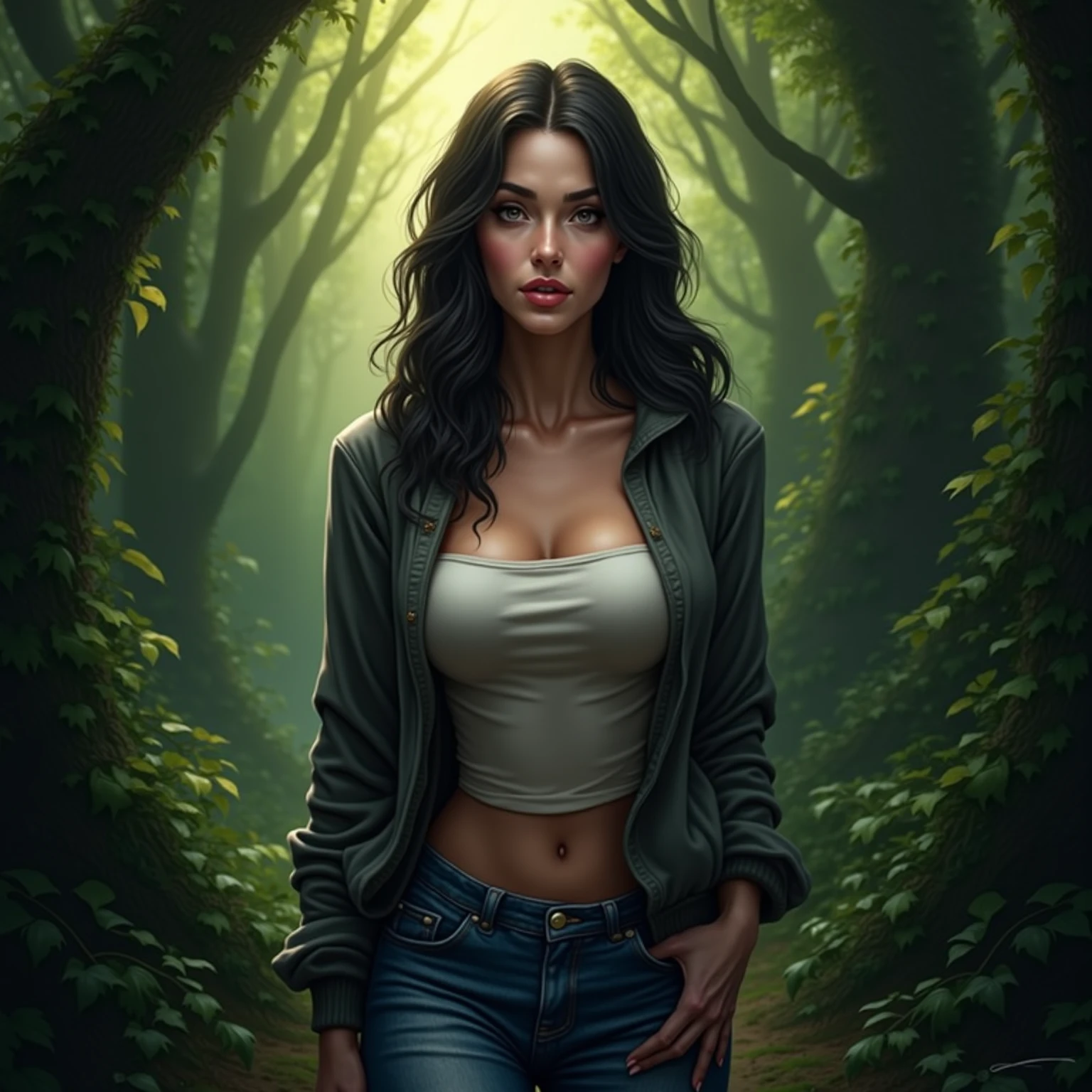 Best quality, masterpiece, Beautiful, young latina woman, looking straight at viewer, wearing simple shirt and jeans, open green jacket on top, sitting on path, professionalism, teen age, detailed face, detailed body, symmetric face, big cute eyes, cute face, dynamic pose, tattooed hands, deep cleavage, perfect anatomy, photorealistic, curvy body, black braid hair, 8k, ultra realistic, foggy forest background, wide desktop wallpaper, ambient occlusion