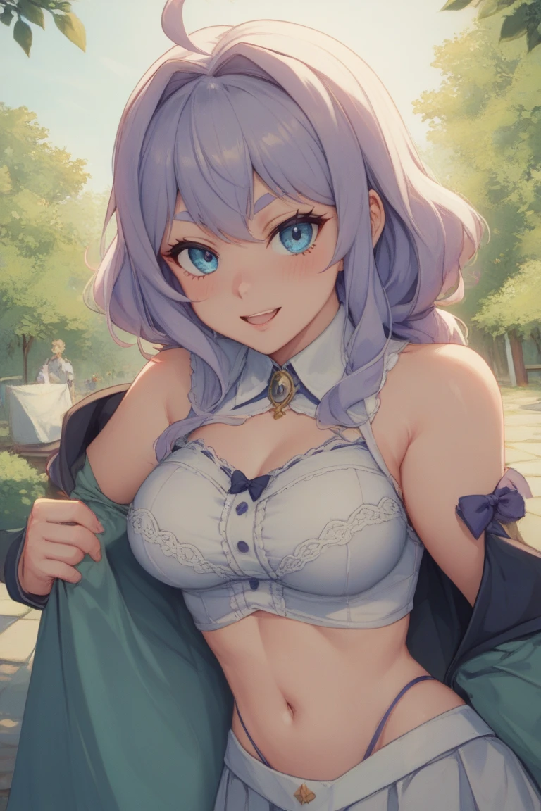 1girl, summer, village, trees, sun, clouds, ((colorful hair)), ponytail, large breasts, button down, blue eyes, ((purple shirt)), ((unbuttoned shirt)), unbuttoning buttons, ((short sleeved shirt)), black mini skirt, brown shoes, grin, looking at the viewer, standing, hair ribbon, ((golden necklate))