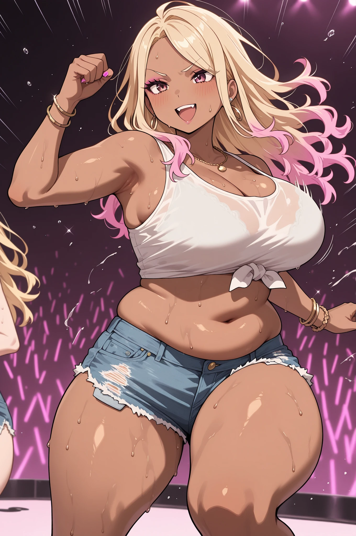((sexy girl ,gyaru))nsfw,glamorous, blushing, flushed face, looking down,kids' clothes, yellow eyes, long curly blonde hair, tan lines, oil skin, big hips, big breasts , sucking dick