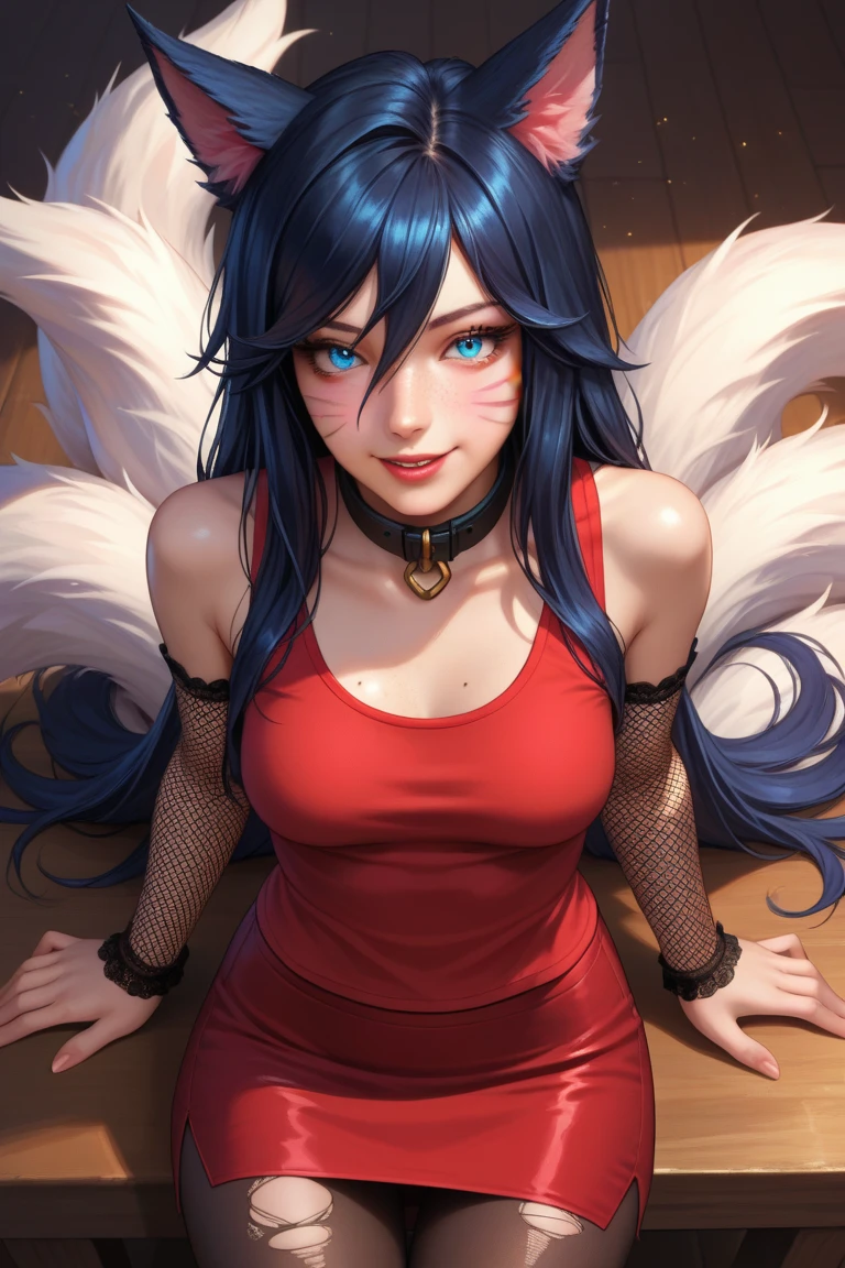 Ahri con una sudadera informal con capucha gris claro.,Jeans cortos, hermosos ojos detallados, cara sonriente, long eyelashes, her tails form a heart shape behind her, De pie en una acera, Sol brillando, vivid colors, fotorrealista, retratos, medio:ILLUSTRATION. (mejor calidad,ultra detallado,hdr,vivid and colorful appearance,studio lighting)