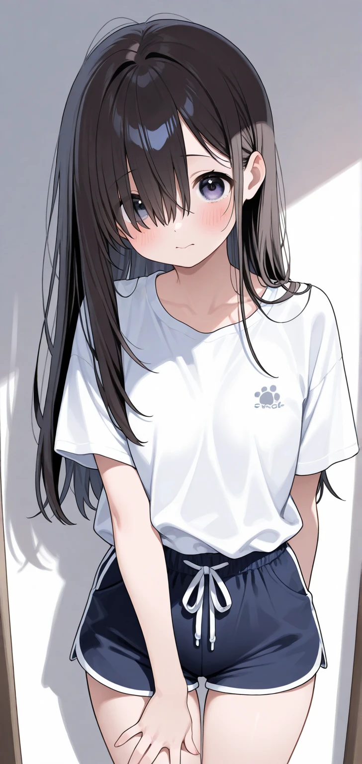 Gal、Wearing a T-shirt、Sitting on the couch、hair is gray、laughing、Around 25 years old、Anime style illustration long hair,