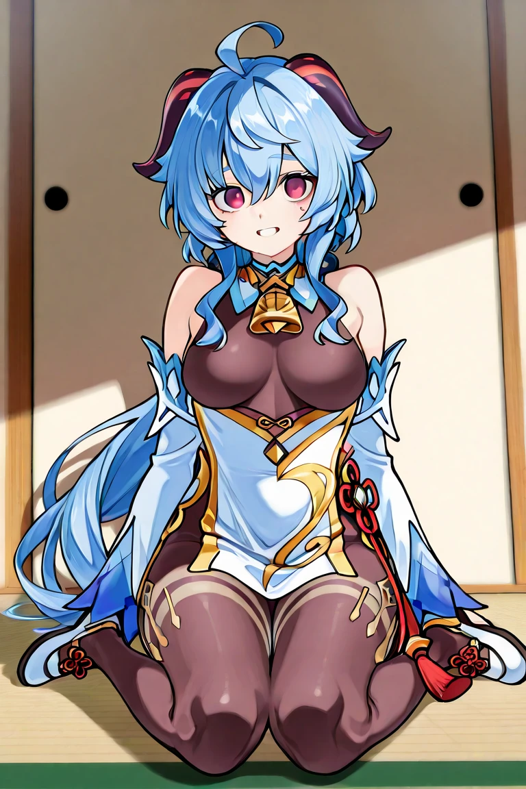 (masterpiece, best quality:1.3), Amazon, Clean Lineart, Cel-Shading, Exaggerated Proportions, 1girl, solo, looking at viewer, sweating, seductive smile, blushing, closed mouth, wide hips, small breasts, cowboy shot, mature female, thick thighs, <lora:Amazon Style Lora:.8>, ganyudef, purple eyes, blue hair, gold trim, cow bell, long sleeves, pantyhose, pelvic curtain, detached sleeves, short hair with long locks, high heels, gloves, <lora:ganyu2:.8>