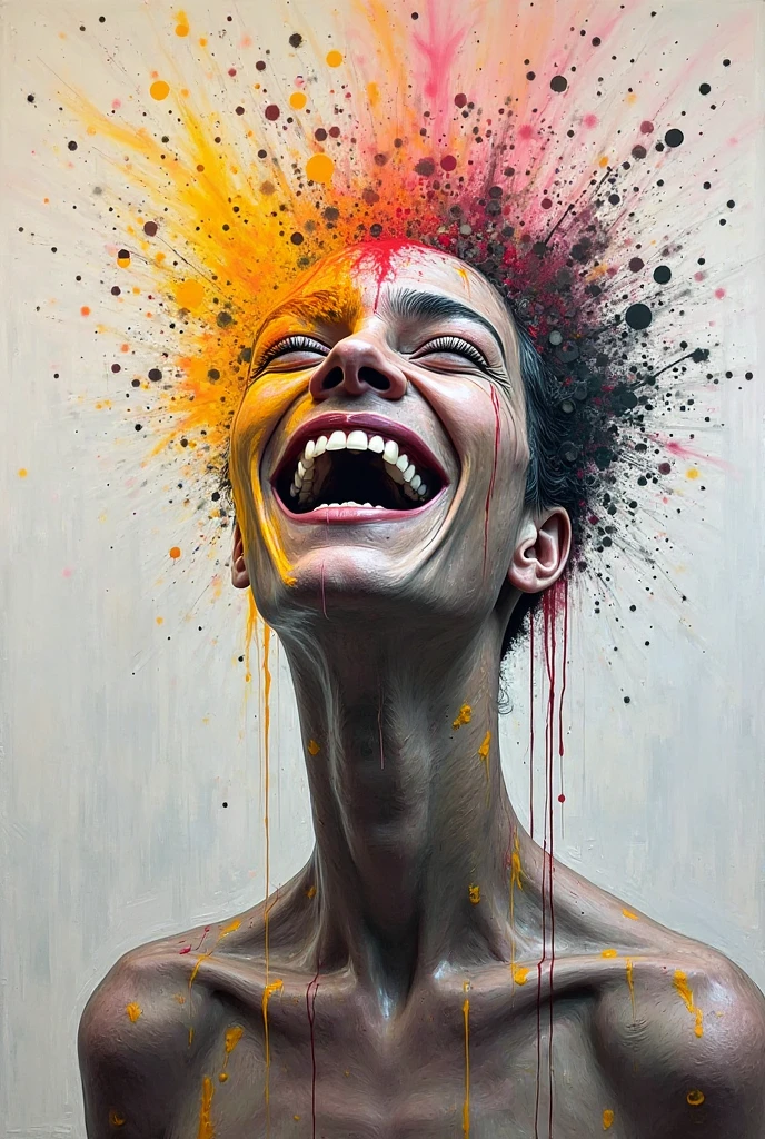 1 girl, solo, (level difference:1.8),(Paint colliding and splashing on the canvas),(depth of field),(flat color :1.1,(yellow theme)),1 girl,screaming,propaganda poster,full body,strong wind,heavy smoke,(liquid paint rainbow hair:1.1) made of paint and defies gravity,thick flowing,(paint splatter:1.3),Liquid state,stunningly beautiful, masterpiece, detailed background,ultra high quality model, ethereal background,abstract beauty, explosive volumetric, oil painting,heavy strokes,Romantic lighting,Sub-Surface Scatterring,glow,8k,high resolution, dreamy,ray tracing,hdr,god rays, makima,