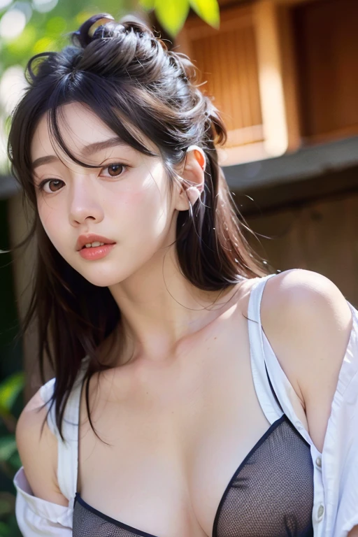 fully body photo,masutepiece, The highest image quality, High quality, the background is clear，Beautiful woman, Japanese, Detailed, Detailed eyes, Detailed skin, Beautiful skin, 超hight resolution, (reality: 1.4),Very beautiful woman, Slightly younger face, Beautiful skin, slender, (Ultra photo realsisim), (hight resolution), (8K), (Very detailed) (beautifully detailed eyes), (super detailed),   (Detailed face), view the viewer, Fine details, Detailed face, Staring straight ahead, Staring straight ahead, photos realistic, Bright lighting, Professional Lighting, Black hair, ,poneyTail,a baby face,sixteen years old,髪型はponeyTail,wear a ribbon,ロングのponeyTailの髪型,海岸,南の島,Enjoying dating,Angle from waist up,standing and posing,Wearing earrings,beach,resort,