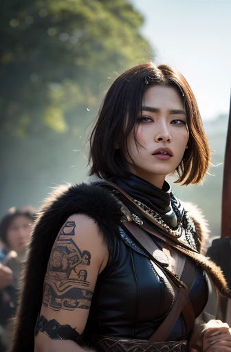 a close up of a Riho Yoshioka with a sword and a tattoo on her arm, very beautiful cyberpunk samurai, a beautiful woman warrior, she is holding a katana sword, beautiful female warrior, beautiful character painting, chinese warrior, warrior girl, holding a sword on her shoulder, japanese warrior, female samurai, ornate korean polearm behind her, cyberpunk samurai