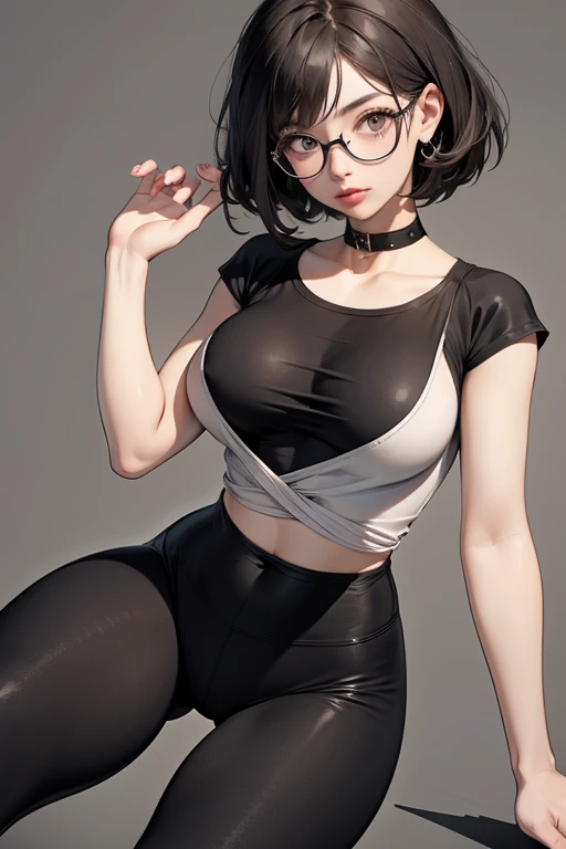 score_9, score_8_up, score_7_up, score_6_up, score_5_up, score_4_up, BREAK 1girl, purple hair, bob cut hair, straight hair, short hair, tomboy, grey eyes, thick lips, light smile, long eyelashes, half-closed eyes, black-framed eyewear, round eyewear, black choker, swept bangs, adult, mature, black eyeliner, ear piercing, black lips, grey eyeshadow, looking at viewer, BREAK solo, standing, large breasts, adult, skinny, from above, wedgie, highleg, arched back, thigh gap, white crop to, black sport shorts, white stripes, patterned clothing, adidas, black thong, floral print choker, goth, BREAK (white background:1.2), simple background, dynamic pose, dynamic angle, angled shot,
