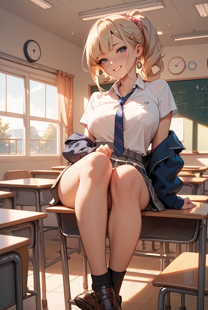 (8k、highest quality、highest quality、masterpiece)、Detailed face、One Girl、 blonde、Wavy Hair、Grey Eyes、Earrings、Pink Lips、Wicked Smile、Mid-chest、((White collared shirt))、A bow tie、((Black pleated skirt))、White socks、loafers、Sit on a chair、Crossing your legs、Classroom Background