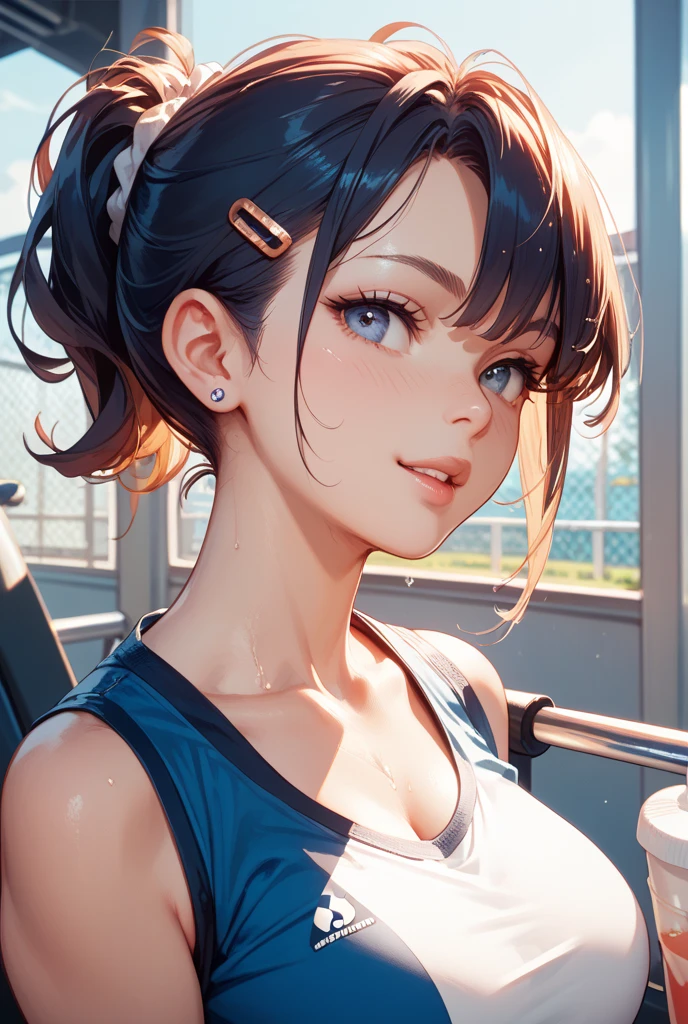 (ponytail brown fluorescence hair:1.5,messy hair:1.5), (photorealistic:1.8), (masterpiece, sidelights, exquisite beautiful eyes: 1.5), masterpiece*portrait, realistic, 3D face,(blushed face),front view: 1.6、 (glowing green eyes:1.2),plump face:1.5,(tareme:1.5)、(seductive smile:1.2),Rosy Mouth,Slim Body,abs, shiny hair, shiny skin: 1.5、medium breasts,cleavage、solo,,(stand)、(Gym clothes with red accents)、(charactor focus:1.5、portlate、upper body),stage,