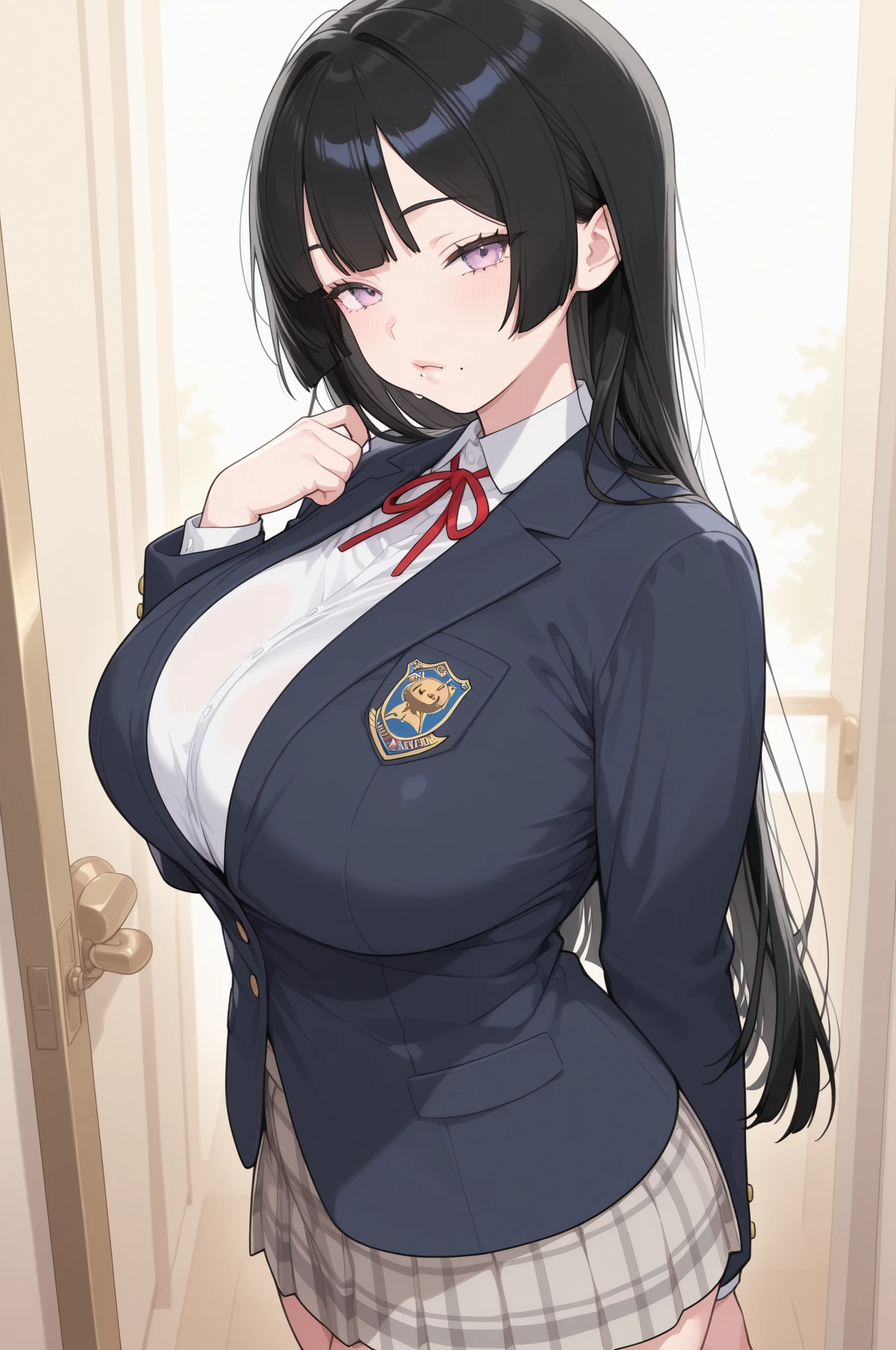 1girl, ((school uniform)), mature female, tall female, dark blue hair, black hair, long hair, wavy mouth, blue eyes, shy, timid, huge breasts, thick thighs, pantyhose, arms behind back, white skirt, skirt, red necktie, necktie, black jacket, jacket, pleated skirt, red glasses, glasses, ((black jacket)), ((white skirt)), ((red glasses))