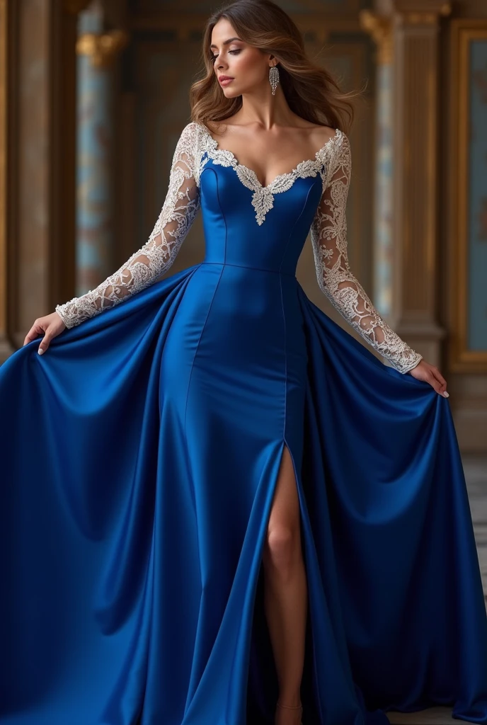 Create a stunning image of a woman wearing a luxurious evening dress. The dress should be a perfect blend of elegance and sophistication, flowing gracefully to the floor with a slight train. It should feature a deep, rich color like midnight blue or emerald green, with delicate embroidery or beading that catches the light. The bodice should be form-fitting, accentuating her silhouette, with an off-the-shoulder or sweetheart neckline to add a touch of romance. The fabric should be high-quality, such as silk or satin, with a subtle sheen that gives the dress a glamorous look. She should be standing in a beautifully lit room, perhaps a grand ballroom or a lavish hall, with soft lighting that highlights the intricate details of the dress