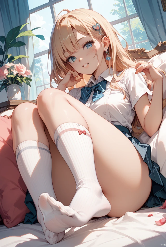 photorealisim、top-quality、超A high resolution、NSFW、Japanese high school  girl、low  angle shot:1.3、Girl in uniform sitting on bed、M-shaped legs:1.4、She opened her legs wide:1.5、Spread your crotch、Show panties、sexy look at the camera、((blondehair))、((Pink lace panties))、Light blue shirt、Dark blue tartan plaid pleated skirt、Detailed cute and beautiful face、(pureerosface_v1:0.008)、Brown-eyed、eye liner、red blush、embarrassed from、glares、 shiny lips: 1.4,  humiliated、impatience、Frightened、glares、Panty appeal、Close-up in panties:1.3、red blush、is crying、Crying、Open knees、open one's legs、Disheveled clothes、Dressing、Medium Long Hair,In the bedroom late at night,