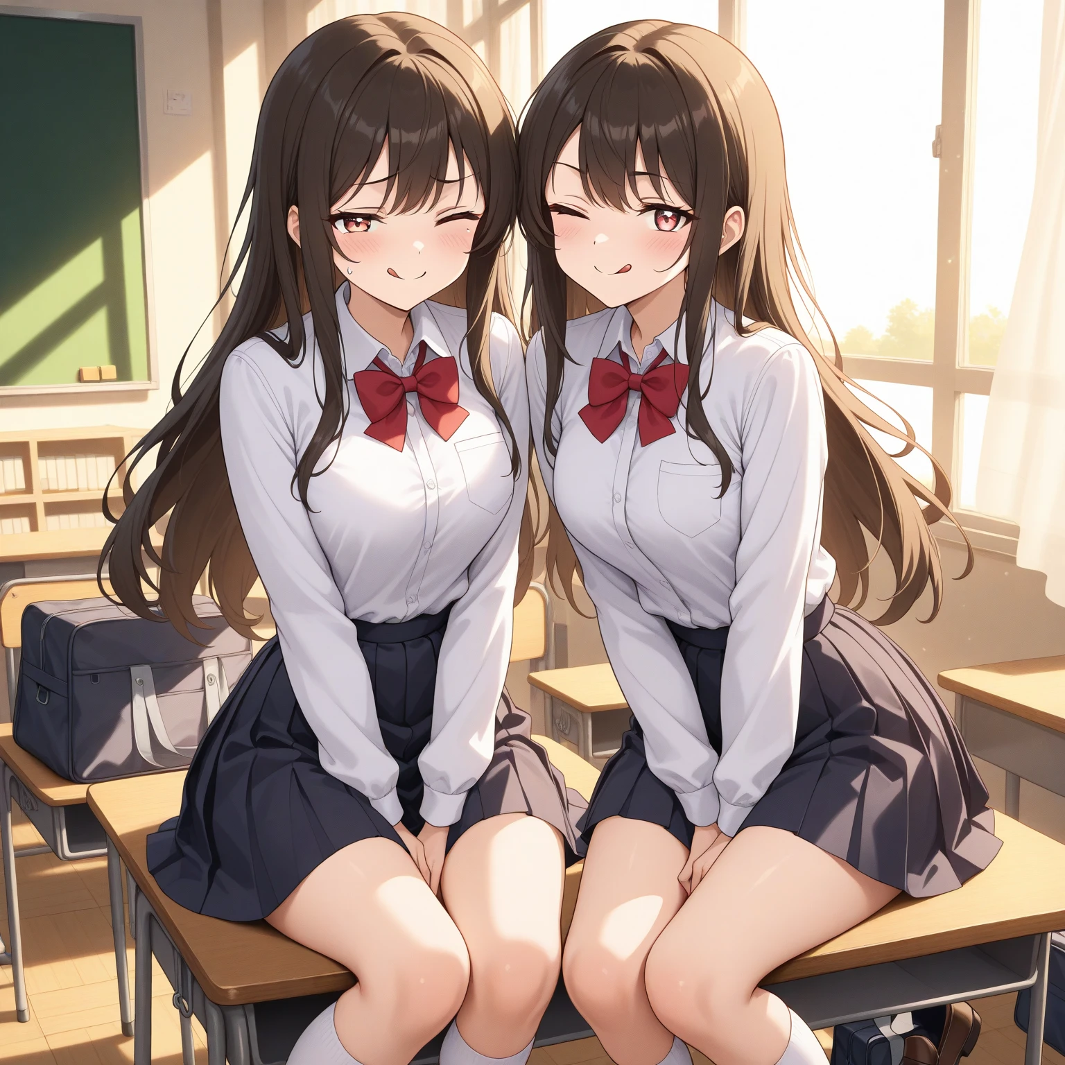 NSFW Tohsaka Rin, Aqua Eye, (Black Hair:1.5), hair ribbon, Long Hair, ribbon, Side Lock, Both sides up, (Parted bangs:1.5), break (brown Sweater vest:1.2), collared shirt, Homurahara Academy uniform, neck ribbon, red ribbon, ribbon, , shirt, Sweater vest, white shirt, break indoors, classroom, break looking at viewer, (Cowboy Shot:1.5) break (masterpiece:1.2), Highest quality, High resolution, unity 8k wallpaper, (figure:0.8), (Beautiful attention to detail:1.6), Highly detailed face, Perfect lighting, Highly detailed CG, (Perfect hands, Perfect Anatomy), Sit on a chair Cute white panties Spread your legs Spread your legs