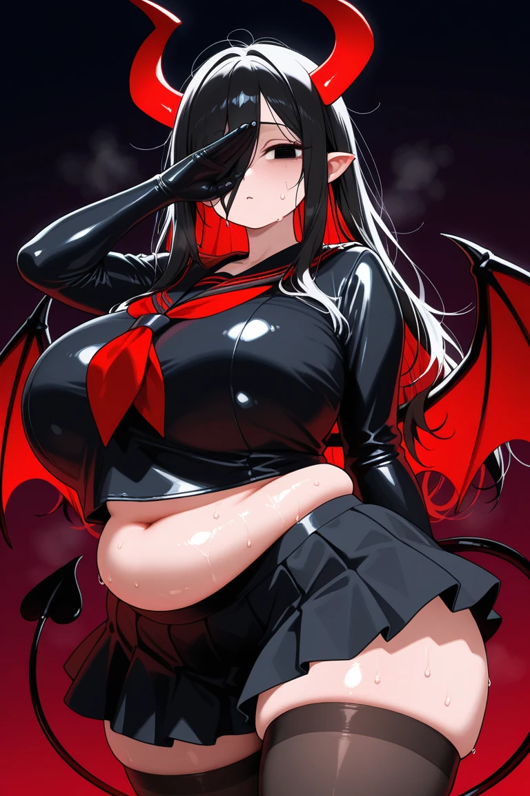 A girl, Red eyes, pale vampire skin, big breasts, dragon horns, Fangs, dragon tail, hoodie negra, by the wide, black hair, 4k, HD