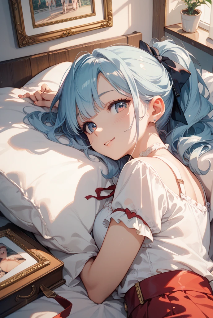 realisticlying，1girll，extremely large bosom，long leges，Beth，long  white hair，bath robe，Be red in the face，Lie down in bed，Get wet，ssee-through，Taste，Dress coolly，Looming
