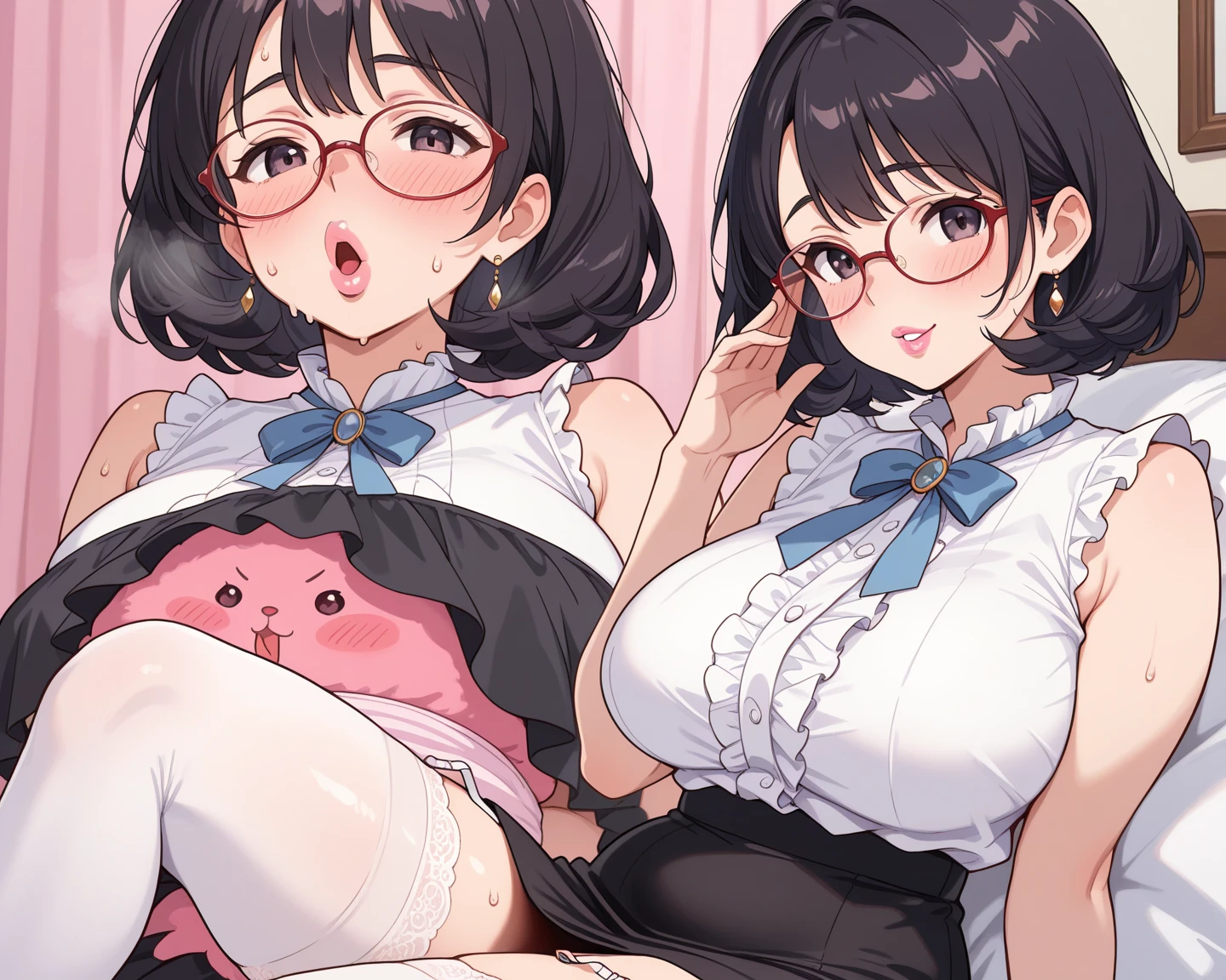 nsfw,uncensored,(highest quality,masterpiece:1.3),disorganized,High resolution,16K, 超High resolution, official art,figure,very detailed,Anime Color,perfect hands, perfect fingers, perfect legs),cawboy shot from front:1.0),cowboy shot,From side,1girl,独奏,idolmaster, (((Ritsuko Akizuki))), (19yo,beautiful girl,cute girl),(((beautiful dark brown eyes))),(beautiful dark brown hair), (((semilong hair))),(ponytails),(wet hair), (wet skin),((glasses:1.5)),(scatter sweat),(steam),(flat chests,midium breasts),OL, Akagi glasses, black suit jacket, Collared jacket, White dress shirt, Collared shirt, Neckline, button, Black pencil skirt, Black Pantyhose,Stiletto heels,((open clothes)),,,((green bra,green panty)),slip,no makeup, sweaty body),(beautiful eyes, shiny eyes), ((big eyes)),(a big smile),(embarrassed),((one eye closed)),(open mouths),((tongue out)),(deep breathing),(blush cheeks),(happy), (fellatio, Deep Throat:1.4), saliva, (pubic brown hair:1.5), BSP, pussy juice dripping, (sex,doggy style),(tall man:1.2), (penis:1.2), (girl hold a penis:1.4), hetero, (cum out:1.2), looking at penis, indoor, 1girl have kneeling,office,night time,(bitch),(Commemorative photo:1.5),(spoken heart:1.7),(peace sign:1.5),(look at viewer),(IDcard),