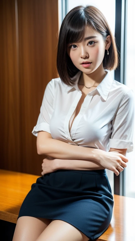 (1girl, 28 year old girl, short black hair, brown eyes, perfect figure, transparent skin, modest chest, cosplay jk , navy blue tie, navy blue skirt, light blue shirt, idol sculpture, bed, sleeping, smooth legs, kind expression (best quality,4k,8k,highres,masterpiece:1.2),ultra-detailed,(realistic,photorealistic,photo-realistic:1.37),beautiful detailed eyes,beautiful detailed lips,extremely detailed eyes and face,longeyelashes,dramatic lighting,cinematic,vibrant colors,warm tones)