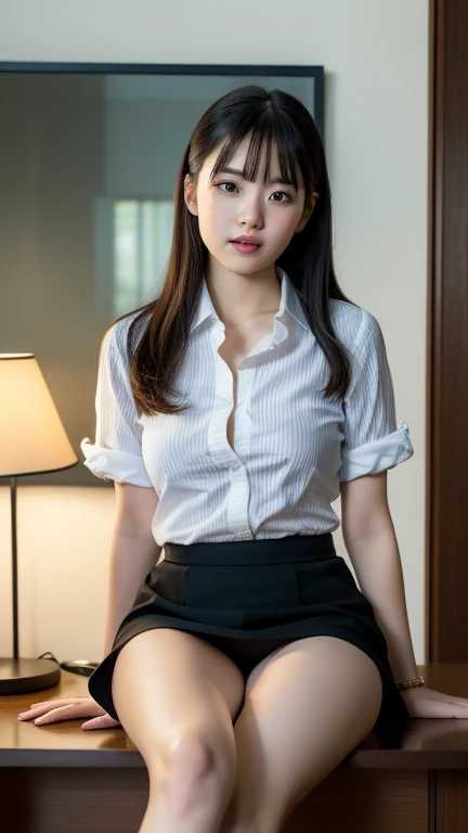 1girl, (8k, RAW photo, best quality, master:1.2), (realistic, photo-realistic:1.37), solo, ultra-detailed, lacepantyhose, Long shots, beatiful background,,The shirt,a skirt, .spread their legs，Lift up your skirt