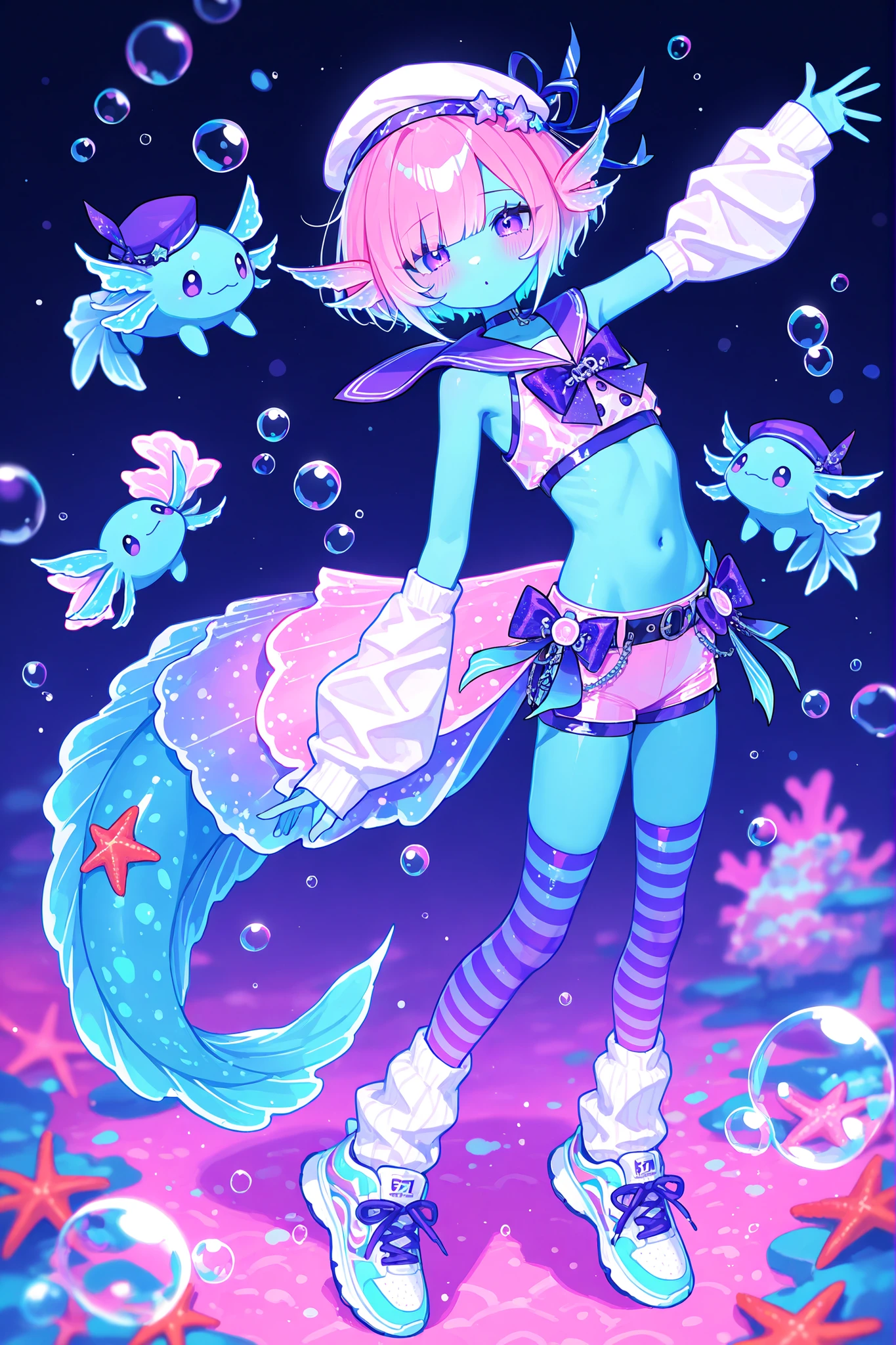 (male/boy character) The femboy idol. Beastman/furry/anthropomorphic axolotl. He has light pink skin covered with blush. He has a petite, flat-chested androgynous body structure. He has two-tone emerald-purple eyes. pink short hair with Two-block haircut. He has six pink external gills of an axolotl on his head. He has ear fins. He has an axolotl tail with a pink fin and is decorated with a blue ribbon with a bow. He has a dorsal fin. He's wearing blue skin-tight mini shorts. He's wearing a babyblue sailor mini top decorated with purple bows. He wears babyblue sailor cap on his head. He has striped purple stockings, white warmers decorated with starfish and seashells, and oversized babyblue sneakers. On the background: a marine-style stage with sea decoration algae,colorful corals, marine reef, reef fish, bubbles, microphone, spotlights, an idol concert.