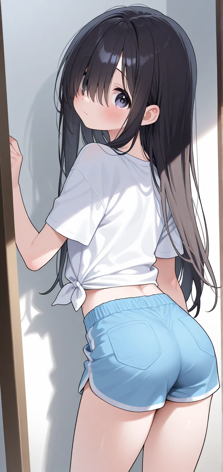 20 years old,1 mature woman,hyperrealistic, 8k, (extremely detailed 8k), (very delicate and beautiful), (masterpiece), (better quality:1.0), (ultra high resolution:1.0), (masterpiece, best quality),cute,black hair,ponytail,POV,full body,white background,realistic skin,Crop Top, Denim Shorts, Striped Knee Socks,,model posing
