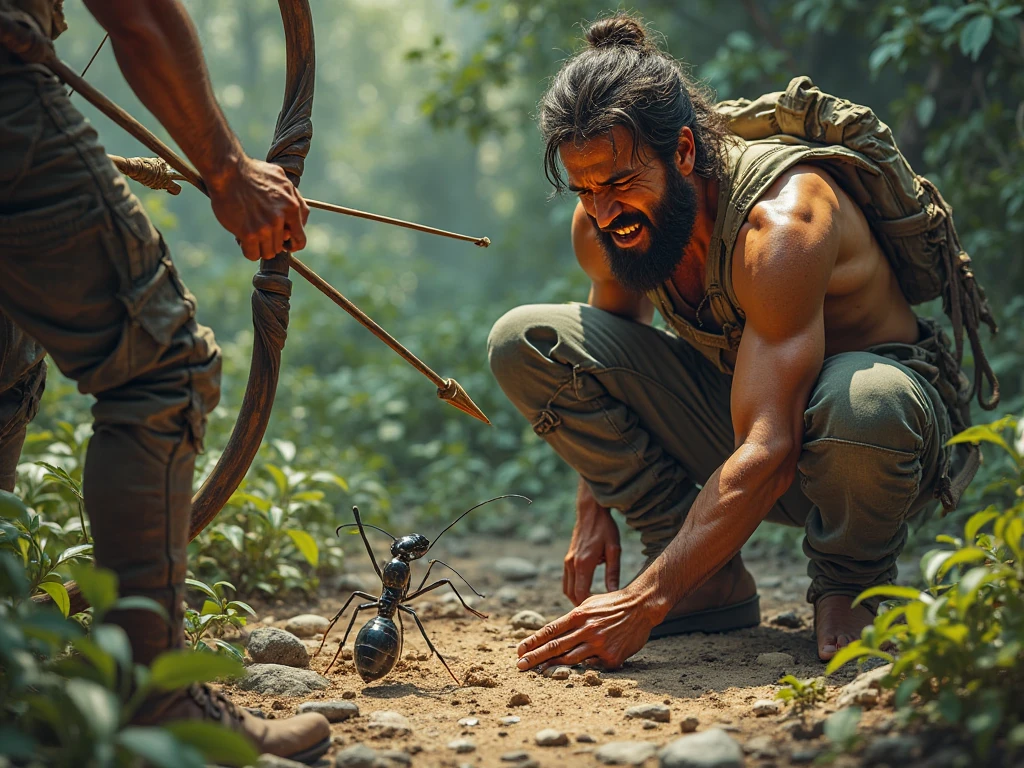 ( photorealism 1.2) photo realistic high detailed aborigines male running in the dark forest Malaysia jungle dramatic view cinematic view dusk fogs background chasing by tiger