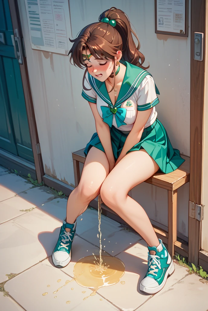 Sailor Jupiter peeing in a Japanese-style toilet