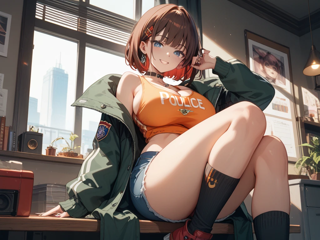 Erotic Anime Illustration、Highest image quality、A plump dark-skinned gal flirting at a game center、Tube top、perfect proportions、Overwhelmingly huge breasts beyond the norm、thick legs with fat、cowboy shot、blush and laugh、spread legs、big areola