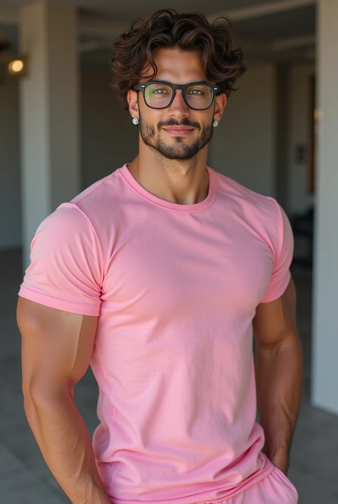 arafed man in a pink shirt and glasses standing in front of a painting, wearing polo shirt, wearing tight shirt, wearing tight simple clothes, smooth pink skin, open v chest clothes, tight shirt, pink shirt, light stubble with red shirt, mid-shot of a hunky, sexy look at the camera, wearing in shirt, pink clothes