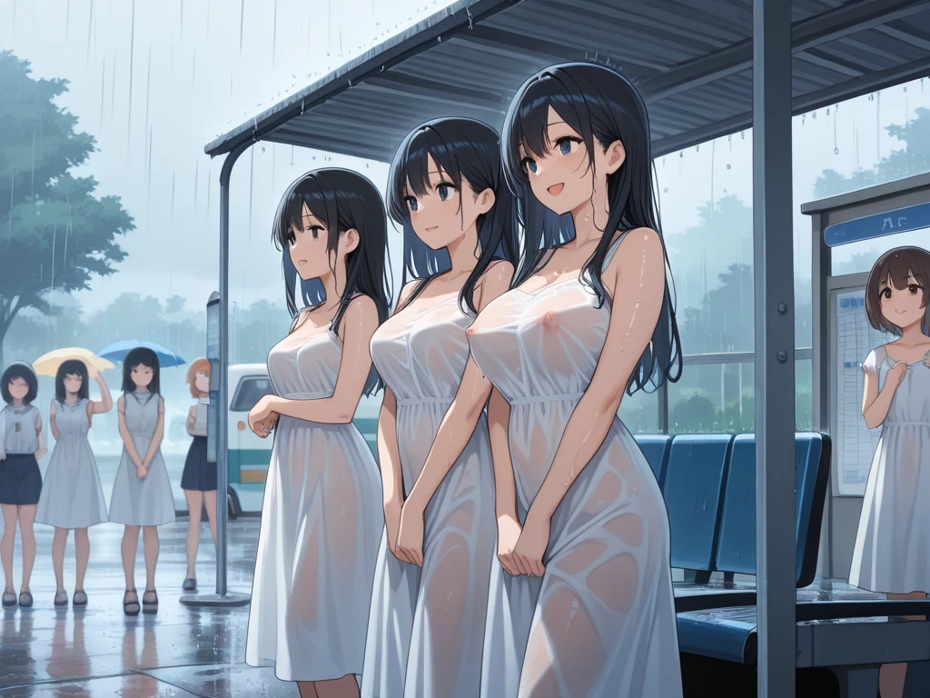 highest quality, Super detailed, (Ultra-high resolution,8K), Ultra-high definition 4K, (Perfect Anatomy, Anatomically correct), (5 cute girls:1.4), (Beautiful Eyes), (Detailed eyes), (High-quality facial beauty), (In the Storm:1.2), (Photorealistic), (Detailed big breasts), Soft Skin, Glowing Skin, (Turn your back), (Tight see-through camisole), Bright lighting, lined up vertically, Very heavy rain, (5 cute girls:1.4), colorful, Goddess-like beauty, Wave your hands loudly
