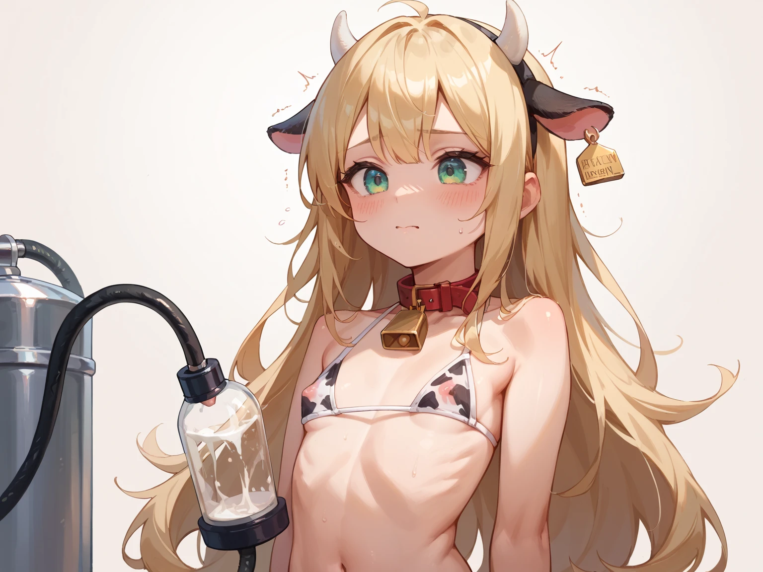 16yo, light pink hair, long hair, hime cut, micro bikini, cow pattern, J cup breast, thicc thigh, ranch, clear view, cow horn, hourglass body