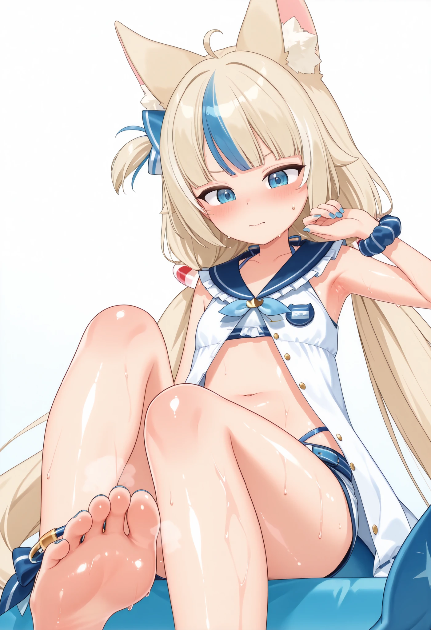 top-quality、realistic touch,high-detail、photoRealstic、long body、thin-waist、captive beauty、big eye、Strong platinum blonde eyelashes、platinum-blond、full body Esbian、Sparkling eyes、Submissive smile、Flushed cheeks、Kamimei、thin-waist、Voluptuous thighs、Enraptured look、Raked bangs、The forehead is protruding、a sailor suit、sleeveless、Inside a room、Put your hands behind your head and squat down with your legs wide apart、camel's toe、13yo girl、pony tail hairstyle