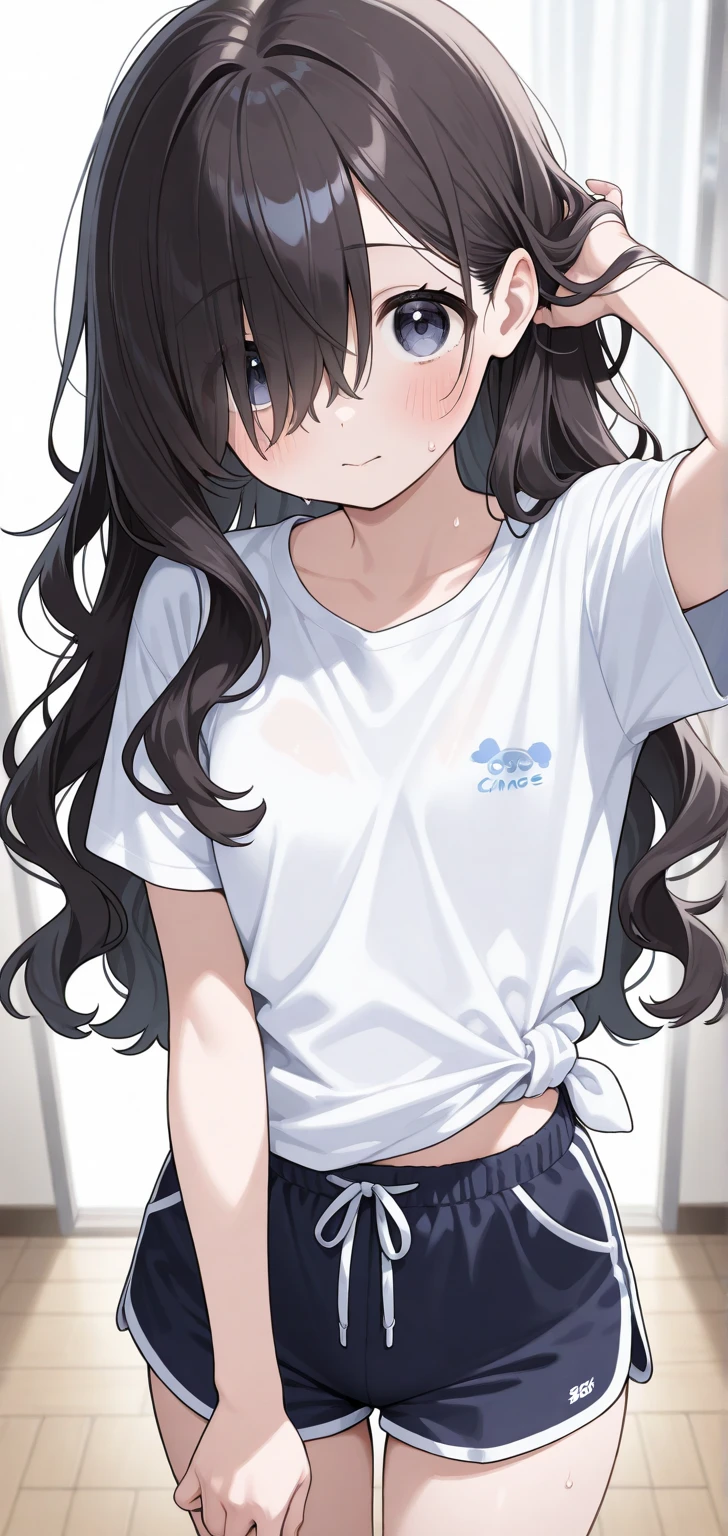 masterpiece,Highest quality,High resolution,shape,Very detailed,8k wallpaper,Ray Tracing,girl,(Black Hair:1.1),((Long Hair:1.1)),(Black Eye 1:1.1),Straight hair,Medium Chest,((embarrassing 1:1.3)),((Female organ 1:1.3)),((White short sleeve shirt 1:1.2)),bed,School Swimsuit,Lying on your back