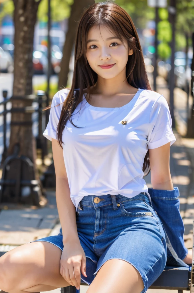 a girl sitting in the park wearing jeans and top
