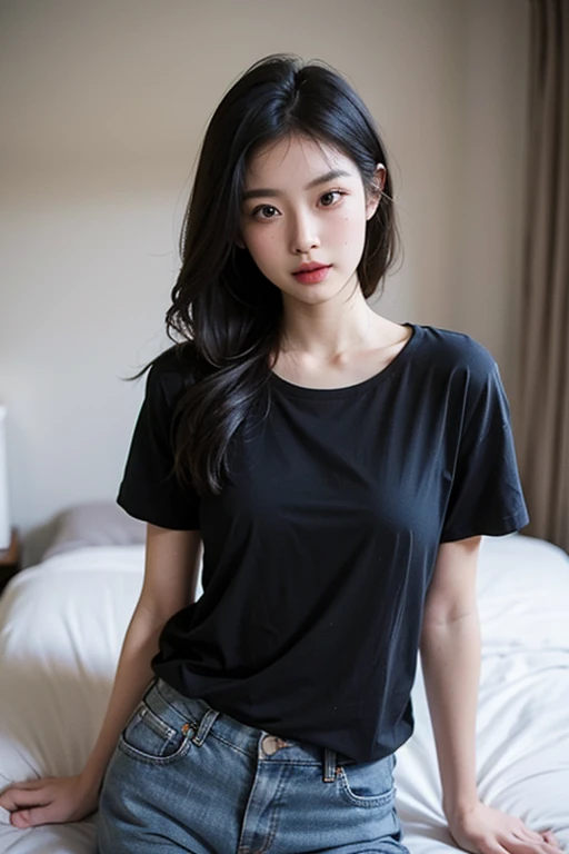 (photorealism:1.2), beautiful woman,  wearing black t-shirt 
, pajama pants