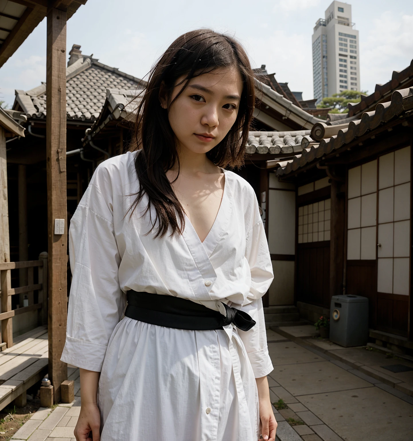 1 person Cute Japanese Girl Big temple in Kyoto Hair fluttering gently in the wind