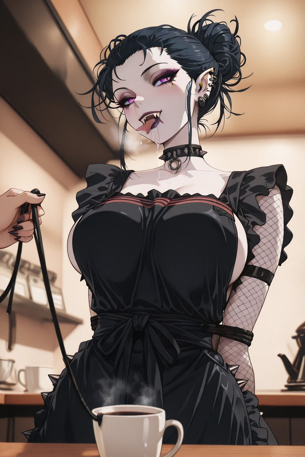 score_9, score_8_up, score_7_up, score_6_up, Character concept art of a girl, lolita fashion, deep cleavage, split white and black hair, stitches on chest, creepy smile, purple eyes with abstract white shapes in them, surrounded by arcing chains and mirrors, high detail establishing shot. cinematic, bokeh, use of color theory
