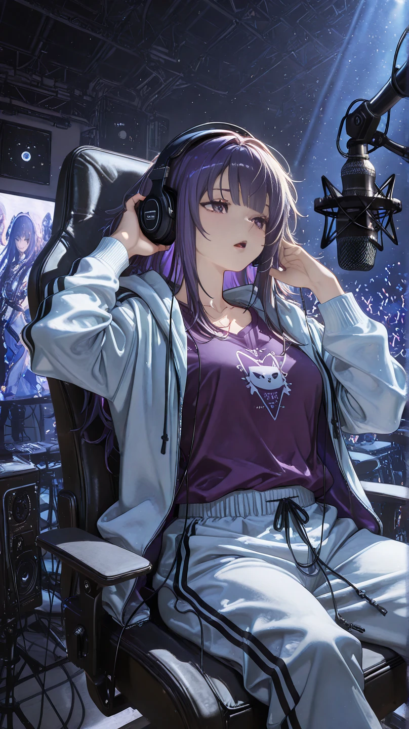 Chica sentada en una silla gamer con auriculares rosa y negro, ojos de color verde con forma de estrella, long brown hair to the waist,grandes senos,grande trasero y cintura bien formada.