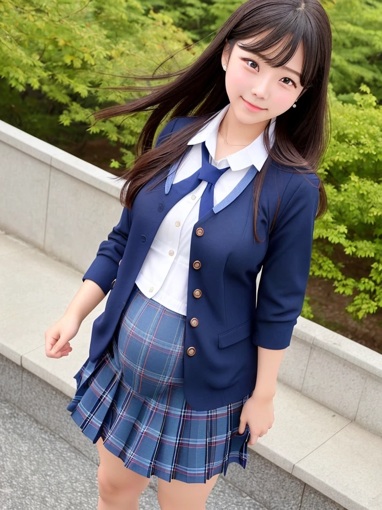 Super fine、8k、muste piece、(RAW photo:1.4)、High resolution、((Composition gradually moving away from the subject))、((Full body photo from face to ankles))、((perfect anatomy))、1 female 14 years old、detailed skin、glowing skin、baby face、double eyelid、long eyelashes、Moist eyes、small face、smile、open your mouth、Neat and clean hairstyle、school hallway、stare out the window、Natural light comes in from the windows、Dreaminess、Japanese school scenery、Have a textbook、middle School girls、A blue and gray school bag slung over my shoulder、、slender and delicate body、small breasts、Blazer uniform with green lines、girls school uniform、plaid skirt、healthy、young female teenager、black tights、black tights、black knee high socks、茶色のloafers革靴、loafers、full body shot、Neat and clean hairstyle、Emphasizes the rather slender leg line