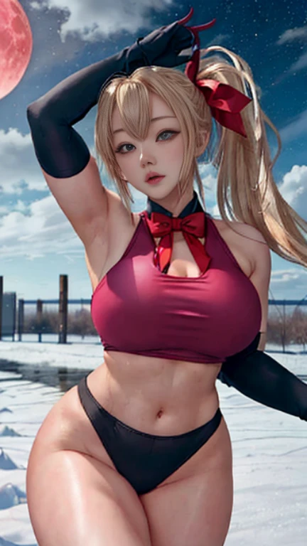 High resolution、masterpiece、highest quality、adult woman、Half Japanese, half American、Little tan、black sheer bra、The lower body is wearing denim、bewitching look、slender、お腹のAbs are visible、I can&#39;t see the nipples、The shape of the chest looks beautiful、The chest is a beautiful sphere、blonde、Abs are visible、eye shadow、Turn left and right arms back、whole body画像、My abdominal muscles are cracked、big breasts、blondeヘアー、whole body、Arm muscles are visible、look ahead、snow山、snow、beautiful scenery、薄dark夕方、the chest is slightly visible、5 beautiful fingers、Black knitted hat、Black knitted hat、neat fingers、night、dark、night空には星だけ、薄dark、Little light、白いKnitted gloves、Knitted gloves、