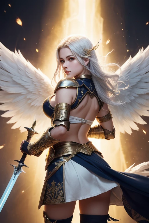 Unbeatable masterpiece, Ultra photo realsisim, Perfect artwork, Intricate details, Best quality, Strong light , High contrast, Dynamic pose, Dutch angle , ((Depth of field)) , (hailoknight , Solo , 1 girl wearing white armor , beautifulturquoise eyes , long white hair , turquoise wings , holding giantturquoise energy sword infront of her , holding sword:1.3) ,(simple glowing background:1.25) , masterpiece , best quality ,wide-angle , Hyperdetailed , natural lighting , soft lighting , sunlight , MaximumClarity And Sharpness , Multi-Layered Textures , hailoknight ,holding sword , holding weapon ,