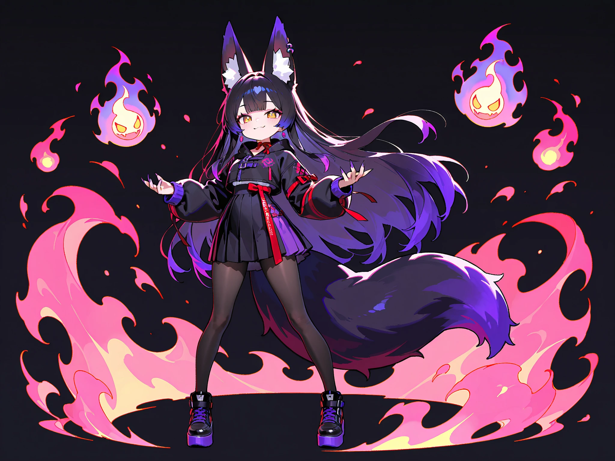 furry girl, wolf, black hair, punk hairstyle, long spiky ponytail, anime style, small breasts, red eyes, ((princess tiara, black jacket, open clothes, black bikini, black skirt)), navel, high quality, detailed body, detailed eyes, detailed face, masterpiece, glistening body, detailed body fur, best quality, two tone body, gray fur, clear gray fur, perfect lighting, perfect shadows, perfect eyes, perfect hair, perfect face, gorgeous body, :3, feets with three toes, full body, solo, magic aura, Action: Magic, Magic spell, Magic particles, glowing eyes, sakura tree forest, clear sky, flying kick, kicking, barefoot, open mouth, 