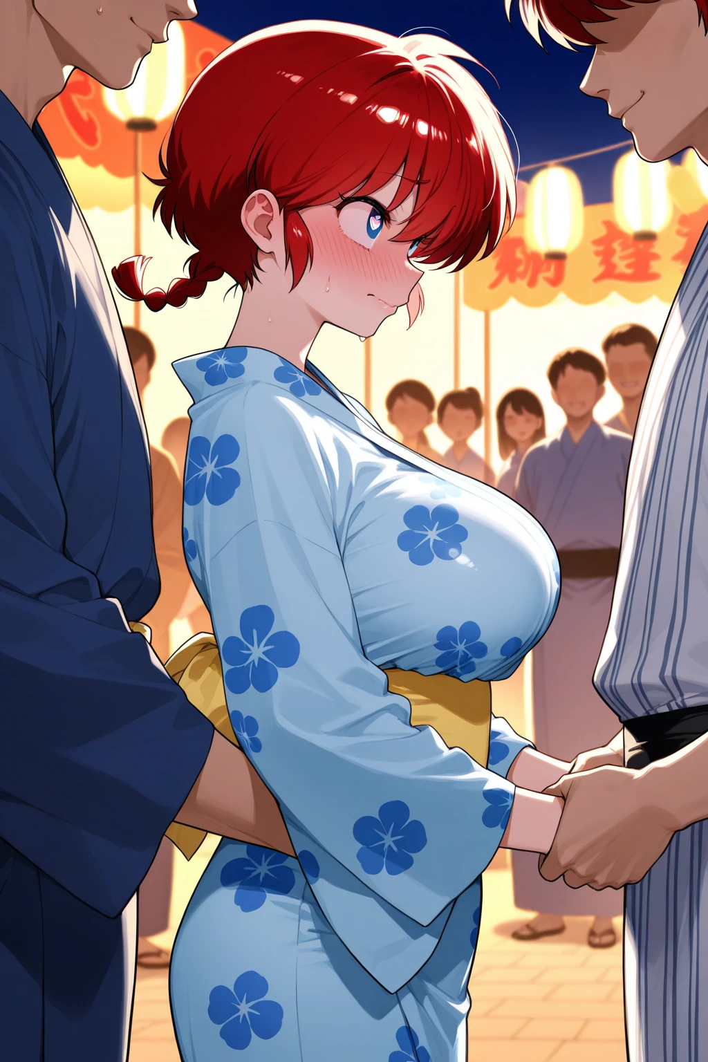 score_9, score_8_up, score_7_up, score_6_up, score_5_up, score_4_up, 1girl, nakano yotsuba, breasts, kimono,, japanese clothes,, blue eyes, orange hair, blush, large breasts, ribbon, hair ribbon, green ribbon yukata, sweat, bangs, collarbone,  breasts out, nipples, , bath yukata, sash, short hair,, closed mouth, looking to the side, medium hair, hairband, hair between eyes, white kimono,. tits out of clothes, standing, ass grab, 1boy,  nipple sucking, side view, hug, (shota:1.2), naked male, 